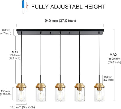MELUCEE 5-Lights Adjustable Hanging Pendant Light Fixtures 37 Inches in Black, Modern Kitchen Island Lighting Linear Chandelier for Dining Room Over Table with Clear Glass Shade, Gold Socket