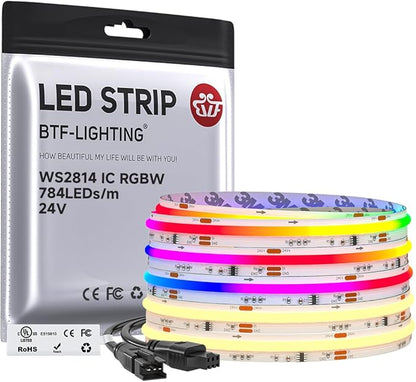 BTF-LIGHTING FCOB COB LED Strip Light, WS2814 Smart IC RGBW 3000K Color Chasing Light, UL Listed DC24V 16.4FT 784LEDs/m High Density 10mm Width for Home Party DIY Decor(No Adapter or Controller)