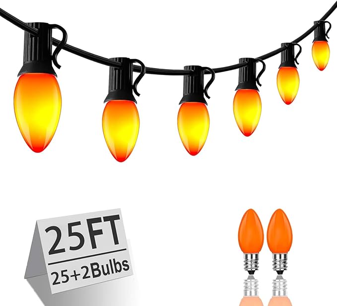 C7 LED Halloween Orange String Lights, 25FT Ceramic Orange Outdoor String Lights with 27 LED Edison Bulbs (2 Spare), Hanging Connectable Lights for Halloween Party Haliday Decor-Black Wire