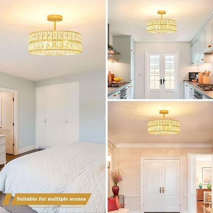 Lxybcce Crystal Ceiling Light Fixture, Modern Brushed Gold Ceiling Light Chandelier, Semi Flush Mount Chandelier Lighting Fixture for Kitchen Entryway Living Room Dining Room, 5-Light, 16 Inch