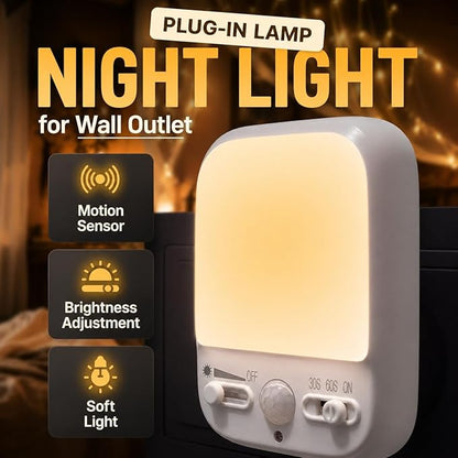 LED Motion-Activated Night Light Rotatable Dusk to Dawn AC Outlet Plug-in Wall Night Sensor Light for Bedroom Hallway Stairway Garage Basement Corridor Indoor
