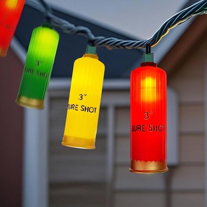 8.5FT LED Shotgun Shell String Lights with 10 Multicolor Novelty 3D Bullets Holiday Decor for Christmas,Mexican Fiesta,Summer Parties,Indoor/Outdoor Patio Bedroom Lighting (Green Wire)