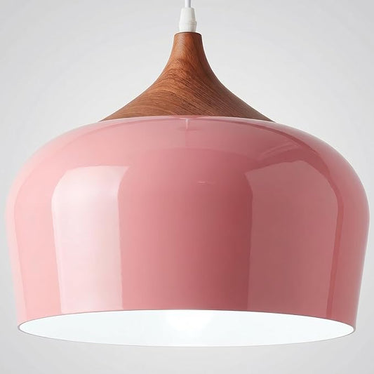 Modern Pendant Light Fxtures Kitchen, Hanging Light Fixtures Ceiling Mount, Wood Metal Shade Pendant Lamp for Dining Room, Bedroom, Living Room, Bathroom, Entryway, Small Chandelier, Pink