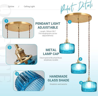 Mid Century 3-Light Blue Glass Chandelier Globe Cluster Chandeliers with Striped Round Shade Modern Large Glass Ceiling Pendant Light Fixtures for Kitchen Island Staircase Dining Room