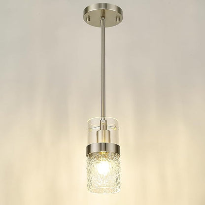 LMS Brushed Nickel Pendant Lights Kitchen Island 2 Pack, Modern Glass Pendant Light Fixtures with Hammered Glass, Adjustable Mini Hanging Light for Kitchen Island Sink Bathroom, LMS-171BN2