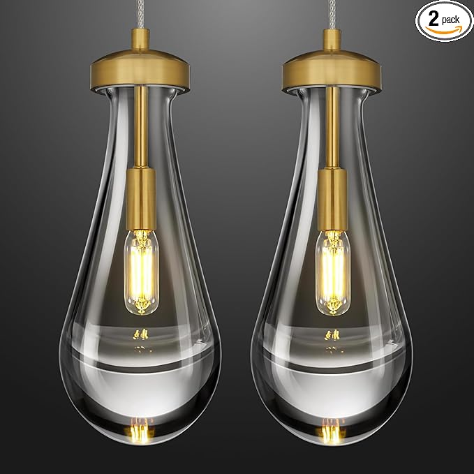 Raindrop Pendant Light Set of 2, Gold 4.7in Clear Glass Teardrop Pendant Lights for Kitchen, Modern Pendant Lights Kitchen Island for Dining Room, Bathroom, Hallway, Adjustable Cord, Bulb Included