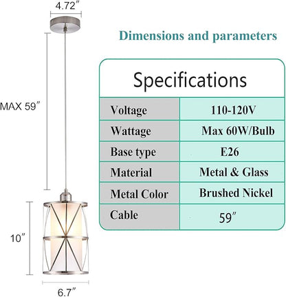 Modern Brushed Nickel Pendant Light with Frosted Glass, Transitional Metal Pendant Lighting Fixture for Kitchen Island Sink Dining Room Bar, Led Bulb Included