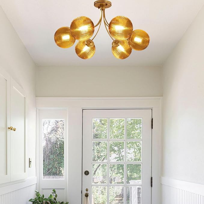 Glass Flush Mount Light 6-Light Gold Mid Century Chandelier Amber Glass Close to Ceiling Light Antique Gold Modern Chandelier Light Fixtures for Bedroom Living Dining Room
