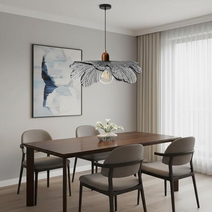 15.75" Large Gray Petal Glass Pendant Light, Mid Century Modern Adjustable 59" Cord Hanging Ceiling Lamp, Floral Leaf Pendant Light for Kitchen Island Dining Room
