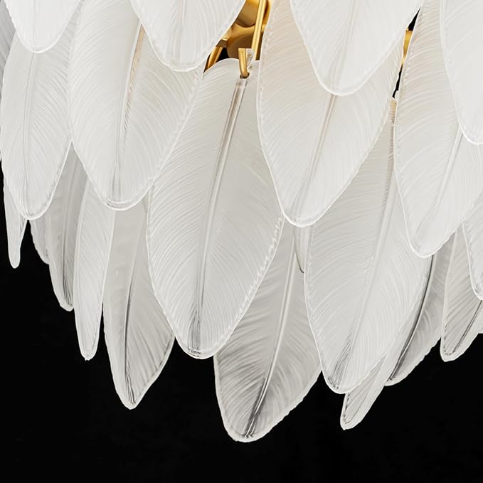 LumFurn 6-Light Gold Chandeliers, Modern 3-Tier Pendant Light Fixture for Dining Room, Living Room, Adjustable Height 19~51", Frosted Feather-Shaped Glass Shade & Brass Finish Frame