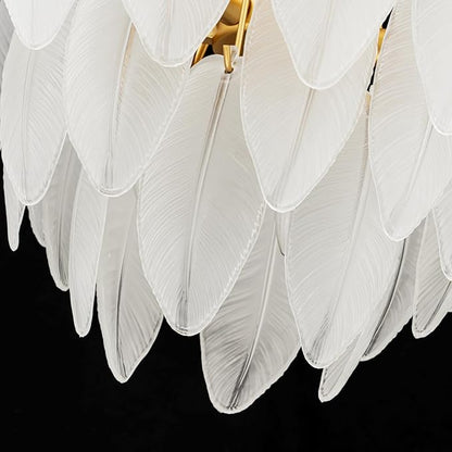 LumFurn 6-Light Gold Chandeliers, Modern 3-Tier Pendant Light Fixture for Dining Room, Living Room, Adjustable Height 19~51", Frosted Feather-Shaped Glass Shade & Brass Finish Frame
