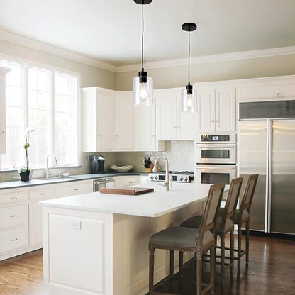 Modern Black Farmhouse Clear Glass Cylinder Pendant Light Fixture,Island Lights for Kitchen,Mini Pendant Lighting for Kitchen Island Decor - 4.75 Inch Shade 58 Inch Cord (Black 2 Pack)