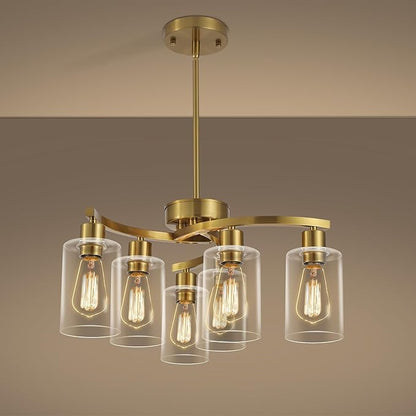 CNRATYE 6-Light Gold Chandeliers for Dining Room, Modern Kitchen Island Light Fixtures Over Table, Metal Hanging Pendant Lighting for Living Room Stairwell Entryway Bedroom, Clear Glass Shade