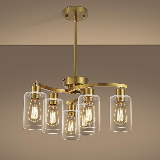 CNRATYE 6-Light Gold Chandeliers for Dining Room, Modern Kitchen Island Light Fixtures Over Table, Metal Hanging Pendant Lighting for Living Room Stairwell Entryway Bedroom, Clear Glass Shade