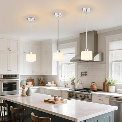 Brushed Nickel Pendant Lights Kitchen Island, 1-Light Modern Milk Glass Hanging Light Fixtures with Rods, Mini Kitchen Pendant Lighting Over Island for Sink Bathroom, OS-YQ8153-1PBN