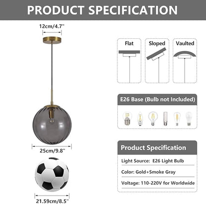 KCO Lighting Modern Large Globe Pendant Light Fixture Mid Century Smoke Grey Glass Pendant Light Vintage Hanging Lights Single Gold Globe Chandelier Kitchen Island Lighting (Smoke Gray-9.8”)