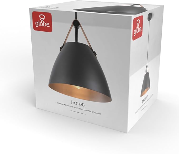 Globe Electric 67000099 1-Light Pendant Light Fixture, Matte Black, Faux Leather Accent Belt, Adjustable Hanging Height, Braided Fabric Cord, Dimmer Switch Compatible, Modern Lighting