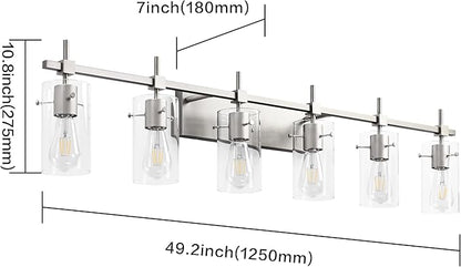 SOLFART 49.2 inch 6 Lights Vanity Light fixtures for Bathroom Vintage Bathroom Light Fixture Brushed Nickel Light Fixtures Above Mirror with Glass Shade (Exclude Bulb)