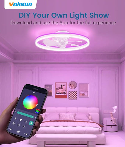 VOLISUN RGB Ceiling Fans with Lights and Remote, 23.6in Low Profile Ceiling Fans with Lights Flush Mount, 3000K-6500K Dimmable Fandelier LED Fan Light, White Bladeless Ceiling Fans for Bedroom