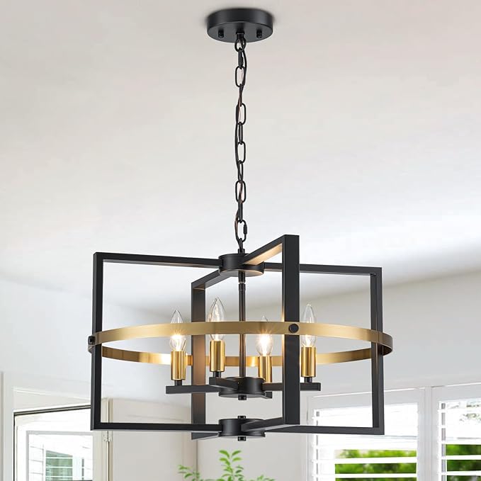 21.26'' Black Gold Chandelier 4-Light Modern Industrial Pendant Light Entryway Chandelier for Foyer Farmhouse Ceiling Lighting Fixture for Kitchen Island Dining Room Living Room Bedroom, Adjustable