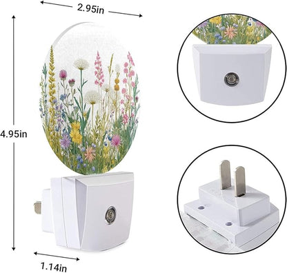 EKOBLA Watercolor Herbs and Wild Flowers Night Light, Green Botanical Floral Leaves Plug into Wall with Dusk to Dawn Light Sensors, Warm Nightlights for Girls Women