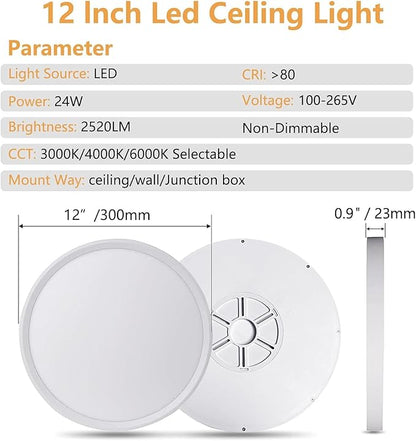 12PK 12 Inch LED Flush Mount Super Slim Ceiling Light, 24W, 2520LM, 3000K/4000K/6000K CCT Selectable, Close to Ceiling Round Flat Panel Light for Hallway, Bedroom, Kitchen