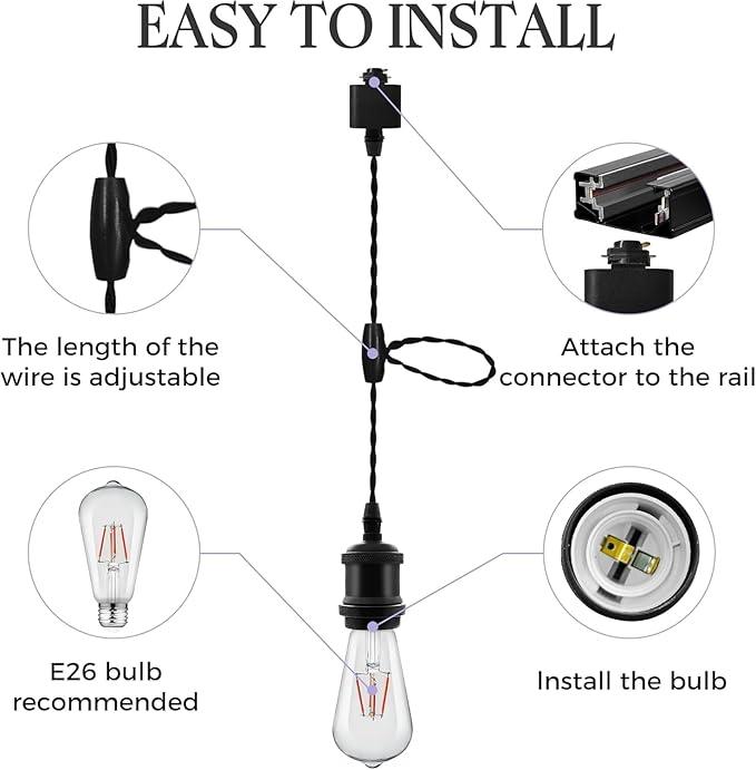 6 Pack RGB Pendant Light for Holiday Decor - H Type Track Compatible White Fixture, E26 Base with RGB Filament Bulbs, Ambient Lighting for Fun Creative Spaces