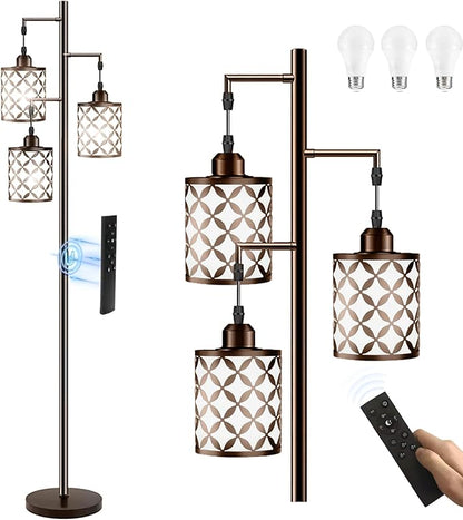 Dimmable Floor Lamp, Farmhouse Standing Lamp with Elegant Metal Cage, Industrial Tall Tree Floor Lamps for Living Room, Bedroom, Study Room, Office, 3 x 1100LM LED Bulbs Included, 72",Brown