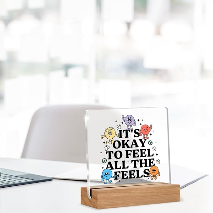 Therapy Office Decor, Mental Health Gifts for Therapist School Counselor Psychology, Cute Counseling Students Classroom Feel All the Feel Acrylic Plaque Office Desk Decor
