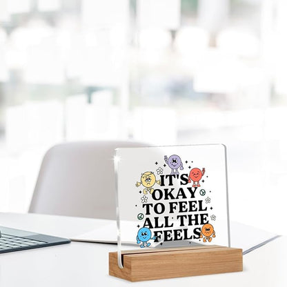 Therapy Office Decor, Mental Health Gifts for Therapist School Counselor Psychology, Cute Counseling Students Classroom Feel All the Feel Acrylic Plaque Office Desk Decor
