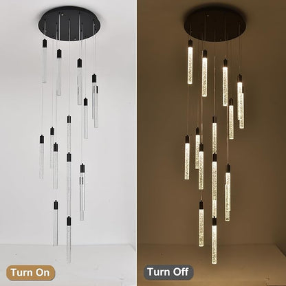GEADI Modern LED High Ceiling Chandelier with Remote Control,16 Lights Crystal Foyer Chandeliers for High Ceilings,Black Dimmable Long Pendant Light for Staircase Entryway Living Room