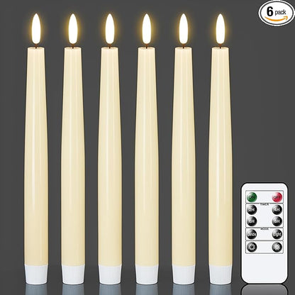GenSwin Flameless Taper Candles with Remote, Ivory LED Taper Candles Battery Operated, Real Wax Flameless Candlesticks with 3D Wick for Home Halloween Christmas Decor(Set of 6, 0.78” x 9.84”)