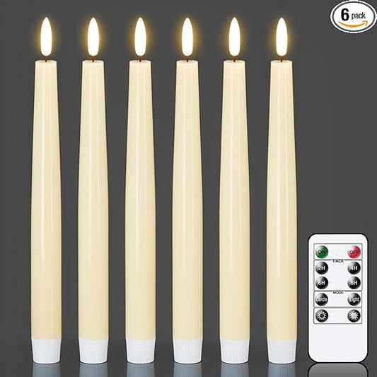 GenSwin Flameless Taper Candles with Remote, Ivory LED Taper Candles Battery Operated, Real Wax Flameless Candlesticks with 3D Wick for Home Halloween Christmas Decor(Set of 6, 0.78” x 9.84”)