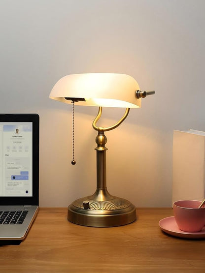 White Matted Glass Bankers Desk Lamp, Stepless Dimmable Table Lamp Plug in Fixture for Study, Home Office,Library, LED Bulb Included