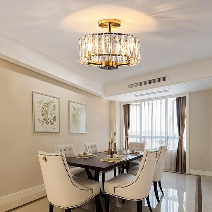 Gold Crystal Semi Flush Mount Chandeliers, 12.5” K9 Crystal Chandeliers 3-Light Ceiling Metal Pendant Fixture E12 Base for Living Room Bedroom Kitchen Island Hallway Dining Room …