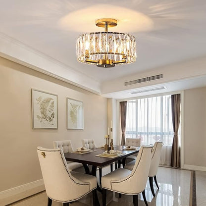 Gold Crystal Semi Flush Mount Chandeliers, 12.5” K9 Crystal Chandeliers 3-Light Ceiling Metal Pendant Fixture E12 Base for Living Room Bedroom Kitchen Island Hallway Dining Room …