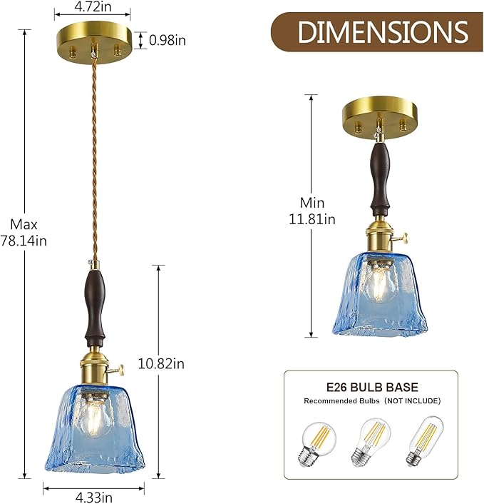 Blue Glass Vintage Pendant Light Height Adjustable Handmade Glass Pendant Lights Kitchen Island Gold Hanging Light Fixture with Wood Handle for Bedroom Dining Room Hotel (3 Pack)