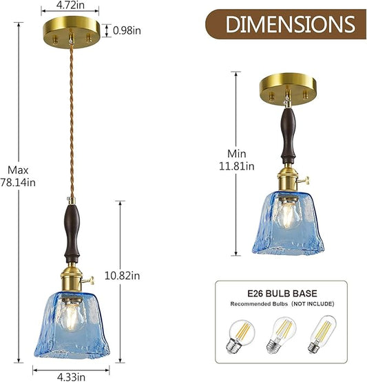 Blue Glass Vintage Pendant Light Height Adjustable Handmade Glass Pendant Lights Kitchen Island Gold Hanging Light Fixture with Wood Handle for Bedroom Dining Room Hotel (3 Pack)