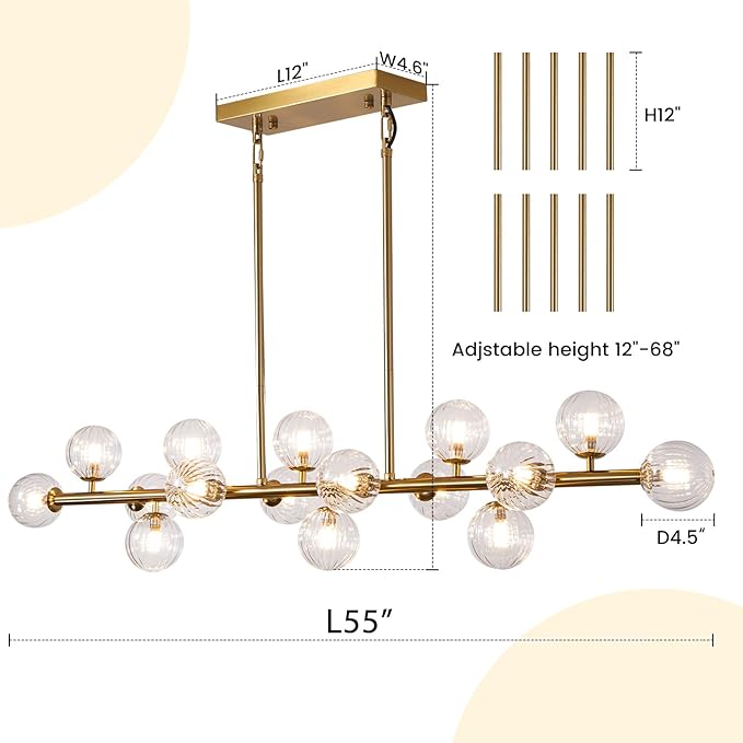 Gold Globe Chandelier Linear Rectangle Modern Chandelier Glass Pendant Light Fixture Adjustable for Dining Living Room Kitchen Island 55"
