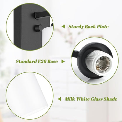 Set of 2 Wall Sconces for Bathroom, Modern Vanity Light Fixtures, Matte Black Wall Mount Lighting Lanterns, Farmhouse Wall Lights with White Glass Shade for Bedroom Living Room Mirror Hallway Kitchen