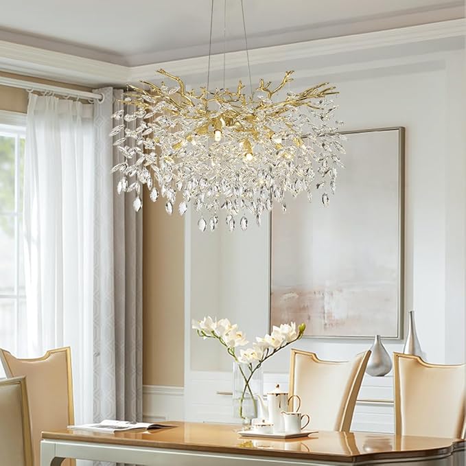Modern Crystal Tree Branches Chandelier, 30in Gold 10 Lights Large Ceiling Hanging Light for Dining Room, Round Raindrop Pendant Light Fixture