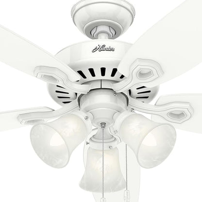 Hunter 52 inch Indoor Ceiling Fan with LED Lights - White Ceiling Fan with Pull Chain, For Bedroom or Living Room, Standard Mount, No Remote, 5 Blades, Includes Bulbs - Builder Plus 53236, Snow White