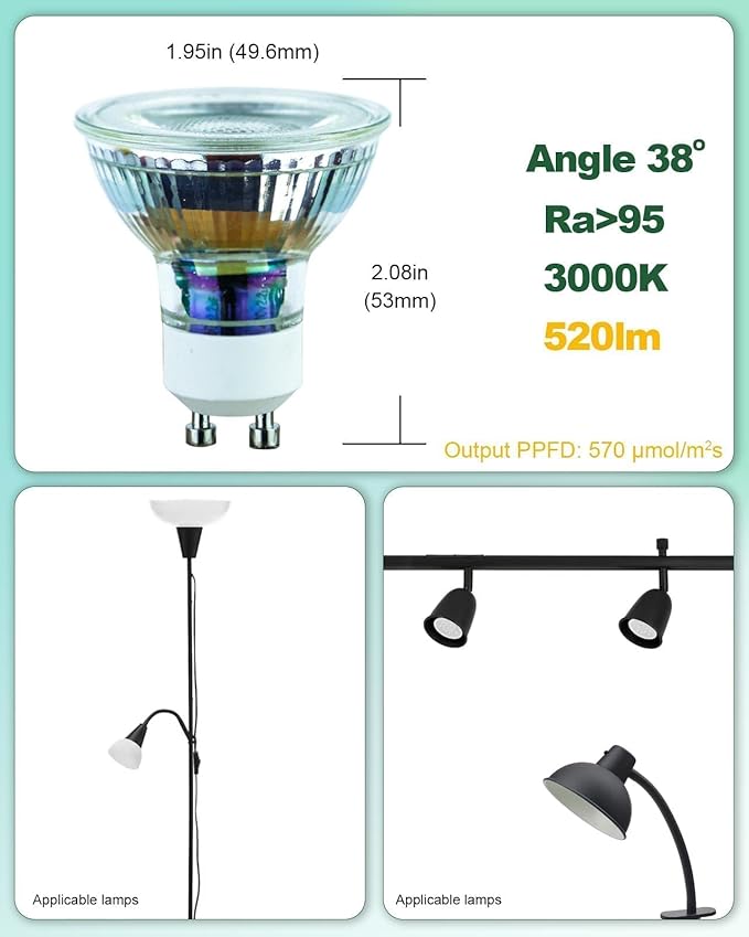 Grow Light, GU10 Full Spectrum Grow Light Bulb, 5W 110V, PAR16 LED Plant Light Bulb for Indoor Plants, Warm White 3000K, 6-Count