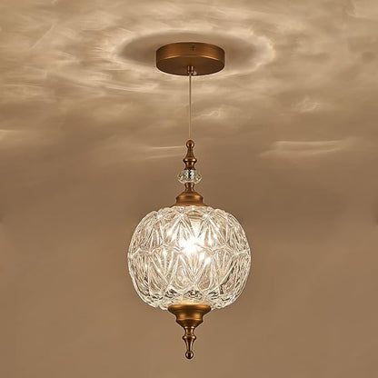 Modern Brass Pendant Light Antique Delicate Decorative Pattern Glass Ceiling Pendant Lighting Fixtures for Kitchen Island Bedroom Dinning Room with Original Design