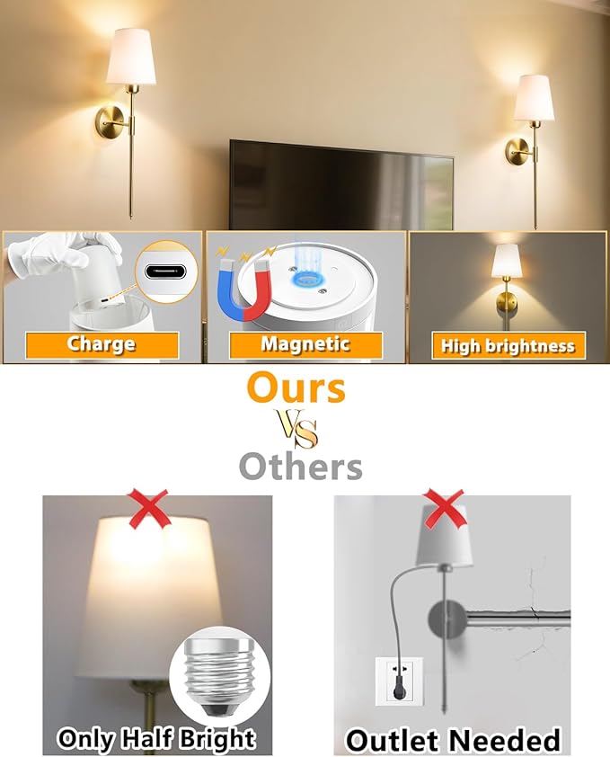 Adetu Wall Sconces Set of Two, Battery Operated Wall Sconce with 10000mAh RGB Dimmable Magnetic Bulbs and Remote, Rechargeable Wall Lights for Bedroom Living Room Hallway Decor