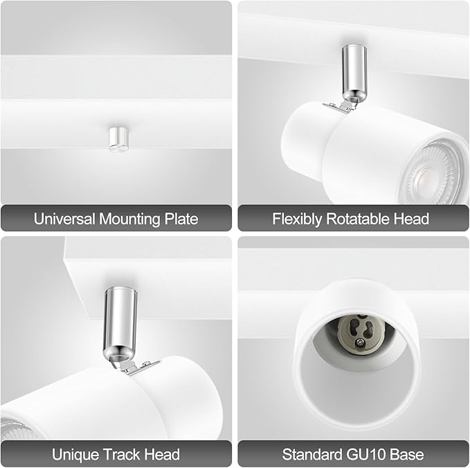 Plug-in Track Lighting LED, Track Light Fixtures Ceiling, White 3-Light Ceiling Lights for Kitchen, 3 Way Spotlight with Cord, Rotatable Wall Mount Light Head for Bedroom Hallway, Bulb Not Included