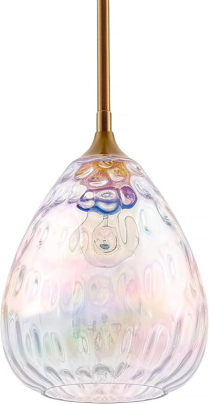 Stained Hammered Glass Pendant Light with Brass Gold Accent, Adjustable Hanging Lamp for Kitchen, Dining Room, and Living Room