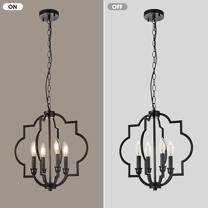 4-Light Black Farmhouse Chandelier, 15.6" Rustic Geometric Pendant Light Fixtures, Adjustable Height Metal Industrial Hanging Light for Kitchen Island Dining Room Hallway Foyer Entryway