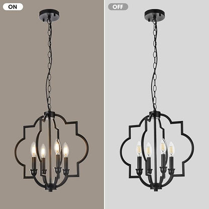 4-Light Black Farmhouse Chandelier, 15.6" Rustic Geometric Pendant Light Fixtures, Adjustable Height Metal Industrial Hanging Light for Kitchen Island Dining Room Hallway Foyer Entryway