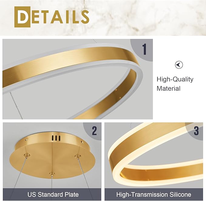 Gold LED Chandelier 23.6" Ring Chandelier for Dining Room Living Room 40W Remote Control Dimmable 1-Ring Ceiling Pendant Lighting Fixtures Office